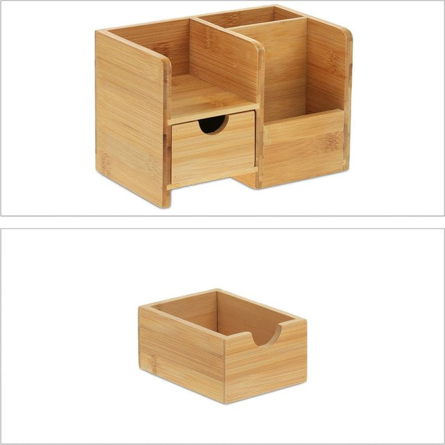 Relaxdays Schreibtisch Organizer aus Bambus in Natur mit Schublade und Mehrfachfächern, B/T/H: 14 x 20,5 x 13 cm - Bild 1