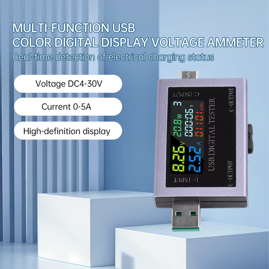 Diymore Dual USB Typ-C Multifunktions Tester mit Digital Display als Spannungs- und Strommessgerät für 4,5-50 V und 0-8 A in Grau - Bild 2