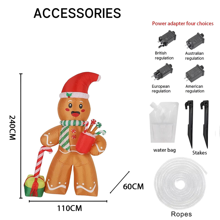 TONGHUANIU Aufblasbare Weihnachtsdekoration mit LED-Beleuchtung, Lebkuchenmann und Zuckerstange, Mehrfarbig, Höhe: 240 cm - Bild 2