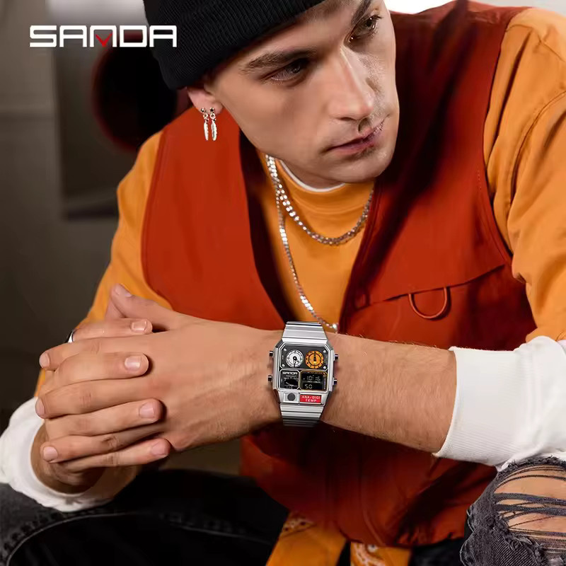 SANDA Digitaluhr, Chronograph, Edelstahl, Schwarz, Herren - Bild 4