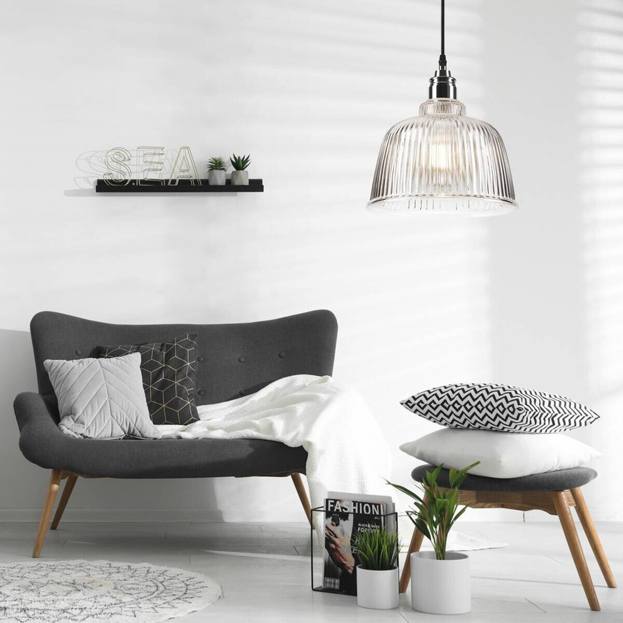 Lamkur Pendelleuchte ASTA in Chrom und transparentem Glas mit E27 Fassung, Höhe: 81 cm, Durchmesser: 28 cm - Bild 2
