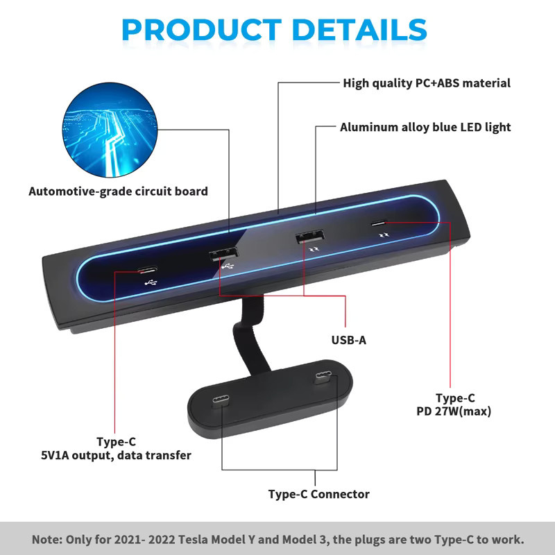 Intelligente USB-C Schnellladestation und USB-Shunt-Hub für Tesla Modell 3 und Modell Y, 27 W Adapter in Schwarz - Bild 2