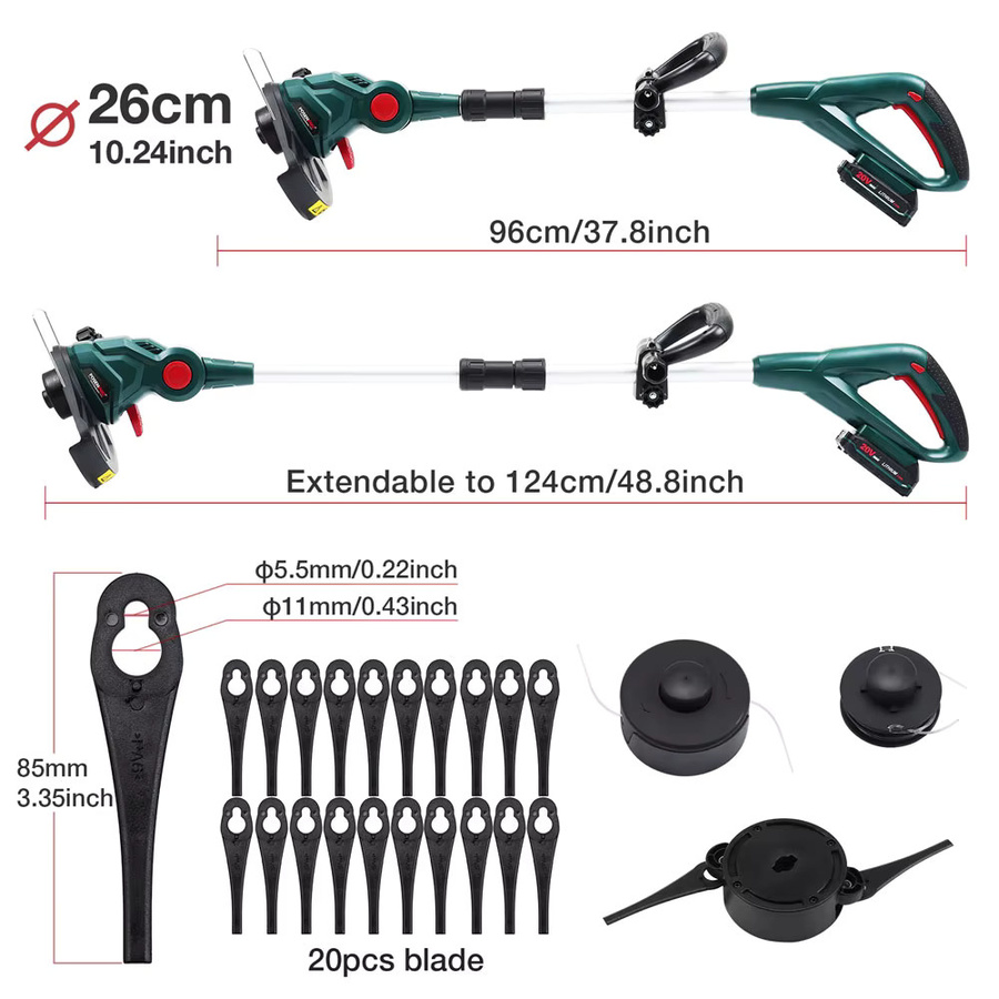 POSENPRO 20V Akku-Rasentrimmer und Kantenschneider mit 26 cm Schnittdurchmesser, verstellbarem Schnittwinkel, Teleskopschaft und Zusatzgriff - Bild 2