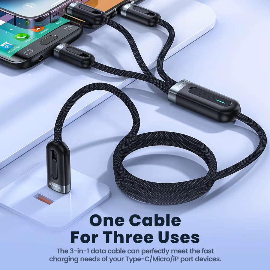 Toocki 3-in-1 USB-Kabel mit 66 W Schnellladung, PD USB-C und Micro-USB, kompatibel mit iPhone, Xiaomi, POCO und OPPO, in Schwarz oder Blau - Bild 5