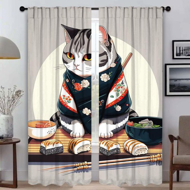 2er-Set elegante Raumvorhänge mit Sushi-Katzen-Motiv aus Tüll, halbtransparent, Mehrfarbig, Breite: 50 cm, Höhe: 70 cm - Bild 1