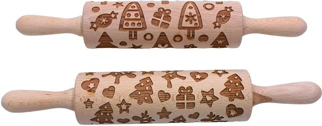 2er Set Holz Teigroller von Dekohelden24 mit 2 Motiven für Spekulatius und Plätzchen, Braun, B/H/T: 37 x 6 x 6 cm - Bild 1