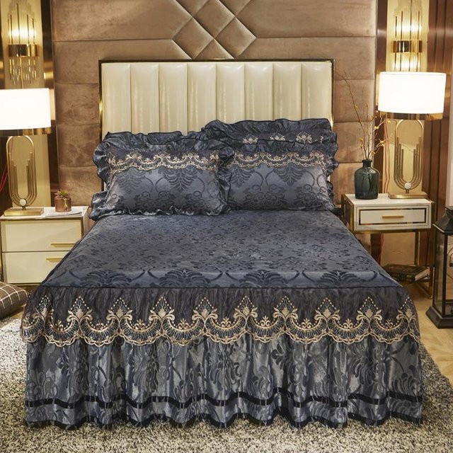 Samt-Spitzen-Bettrock Set in Blau mit geprägter Tagesdecke und Kissenbezügen, warme Bettwäsche für Herbst und Winter, B/B: 180 x 220 cm - Bild 1