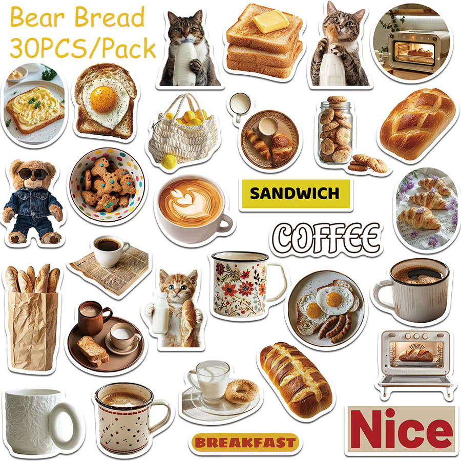 30 Stück Cartoon Bär Brot Aufkleber Set, wasserfeste ästhetische Sticker in Multicolour für Laptop, Koffer und Kühlschrank - Bild 4