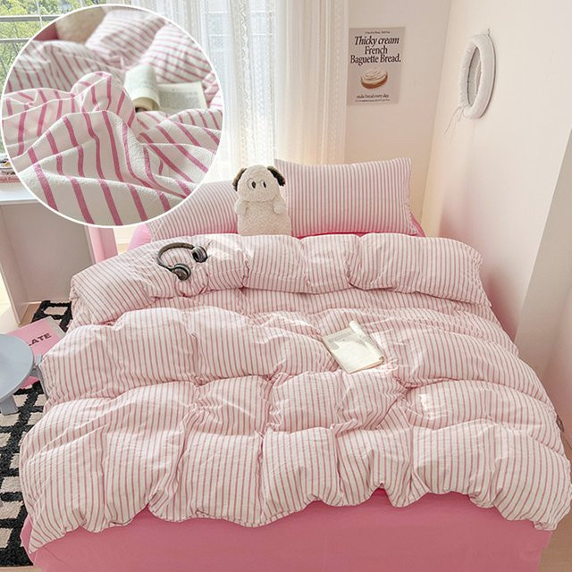 Bettwäsche-Set Yng mit Bettbezug, Kissenbezug und Spannbettlaken im Streifen-Stil in Pink, Single, allergikerfreundlich und modern - Bild 1