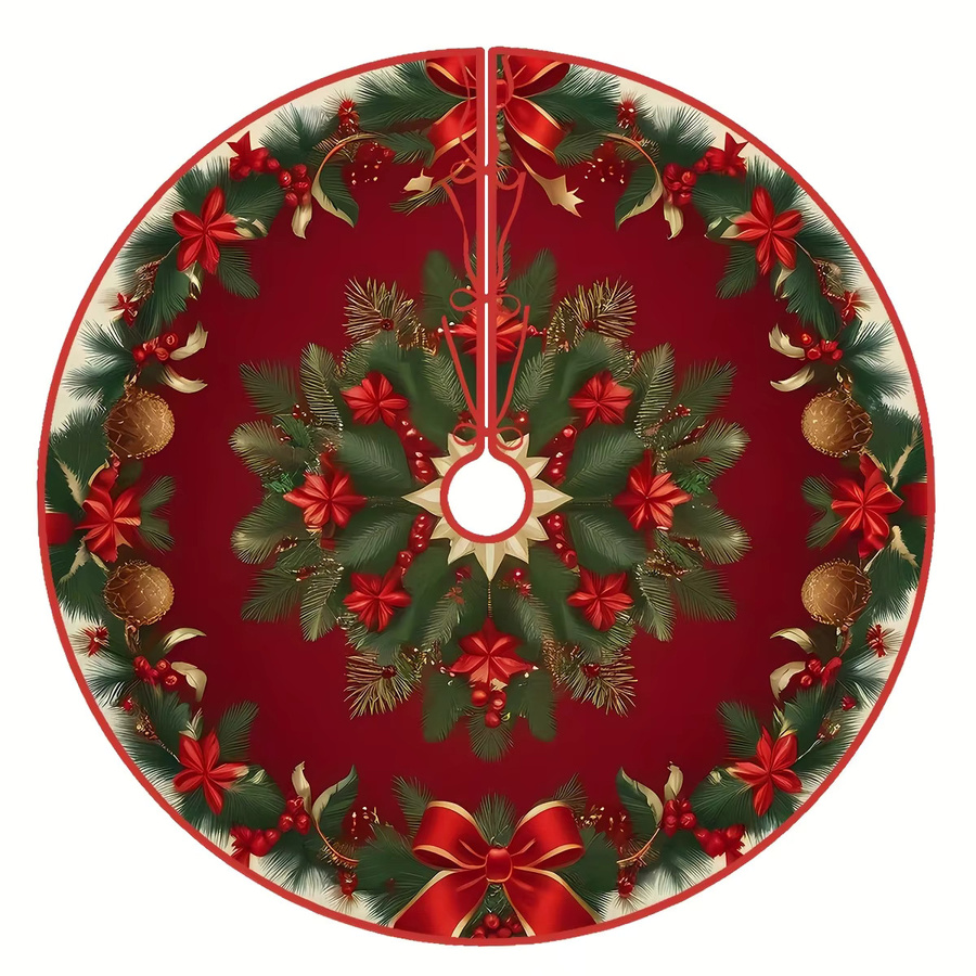 VIKAMA Klassischer Weihnachtsbaumrock mit Kranz und Schleife in Rot und Gold - Bild 3