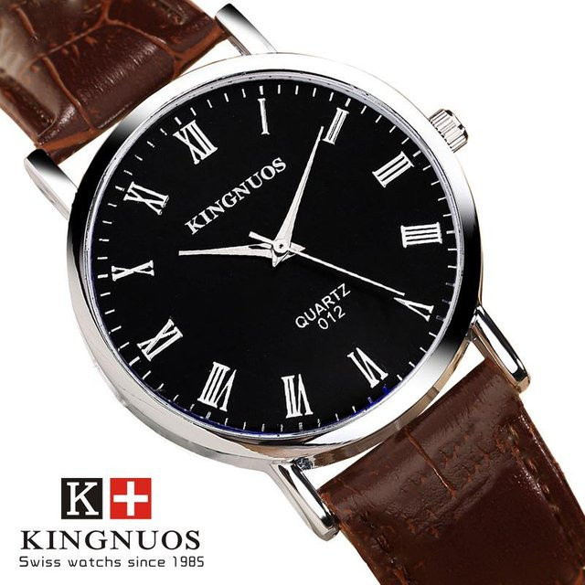 KINGNUOS Armbanduhr Quarz, Edelstahl, Leder, 38 mm, Herren, Schwarz - Bild 1