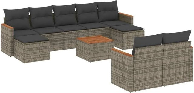 vidaXL 10-tlg. Garten-Sofagarnitur in U-Form aus grauem Poly-Rattan mit Kissen und pulverbeschichtetem Stahlgestell - Bild 1
