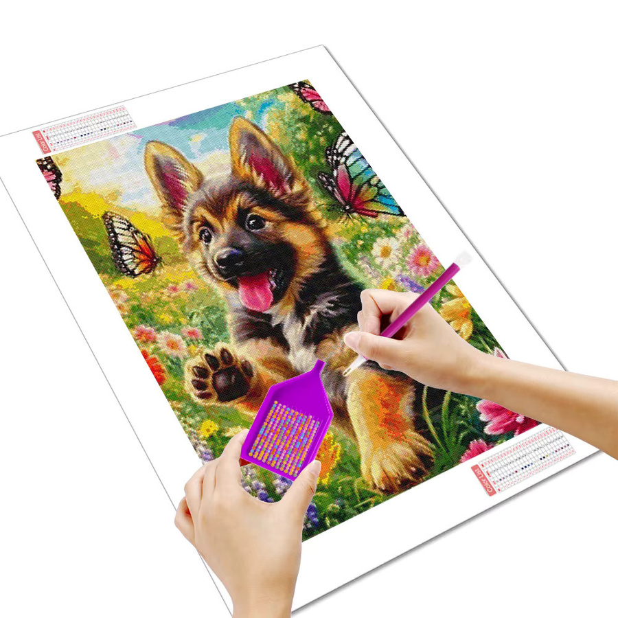 Huacan Diamantmalerei Hund und Blumen als dekoratives Tierkunst-Mosaik in Multicolour, B/H: 30 x 20 cm - Bild 2
