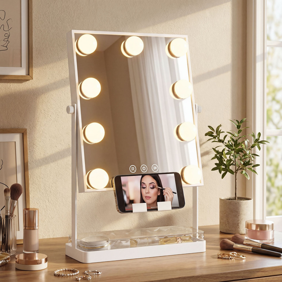HOMCOM Hollywood Schminkspiegel mit LED-Beleuchtung, drehbarer Tischspiegel mit 9 Lampen, 3 Lichtfarben, Touch-Schalter und Handyhalter, Weiß - Bild 2