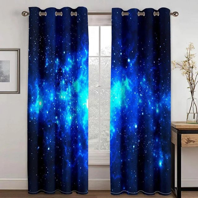 Yiran Furniture Galaxie Vorhänge mit Sternen und Planeten in Blau und Lila, semi-transparent, 2er-Set mit Ösen, Breite: 60 cm, Höhe: 150 cm - Bild 1