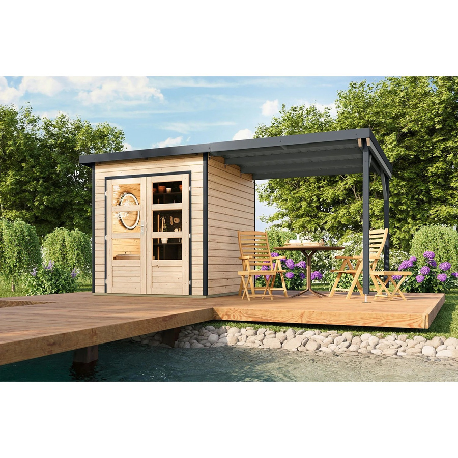 Karibu Gartenhaus Domingo 1 mit Anbaudach in Natur-Anthrazit - Bild 2