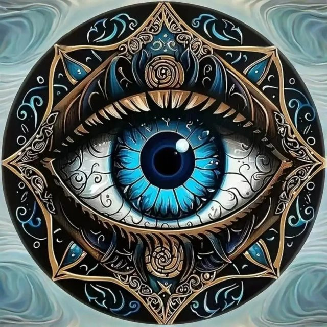 RusticBohoArt Wanddekoration Netherfire aus Metall mit blauem Mandala-Dreizack-Augenmotiv, rund, Durchmesser: 20 cm - Bild 1