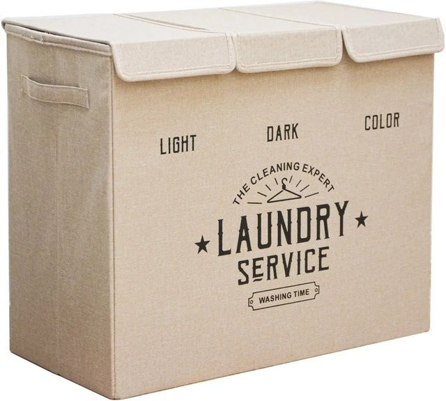 DuneDesign Wäschekorb mit Deckel und 3 Fächern in Beige, 84 Liter, B/T/H: 60 x 50 x 30 cm - Bild 1