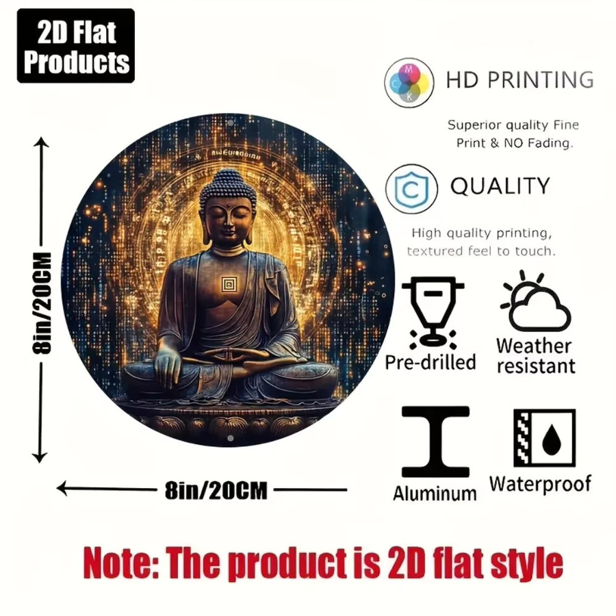 HELLOYOUNG Metallschild Buddha-Statue kreisförmiges Weißblechgemälde mit abstraktem orientalischem Design Durchmesser: 20 cm - Bild 3