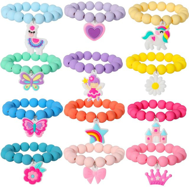 qpeach Perlenarmbänder, 12 Stück Set, Prinzessinnenkrone, Schmetterling, Einhorn, Herz, Blume, Schloss, Kinder, Mädchen - Bild 1