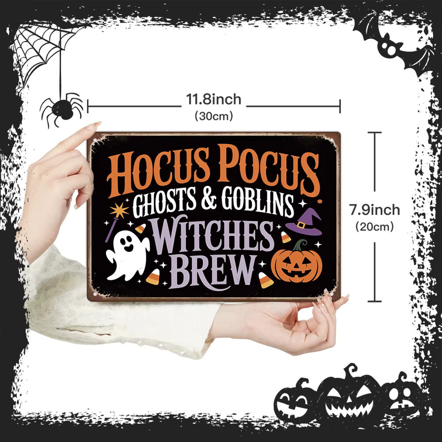Putuo Decor Vintage-Metallblechschild Hocus Pocus Ghosts & Goblinswitches Wandkunstdekoration für Halloween in Mehrfarbig - Bild 3
