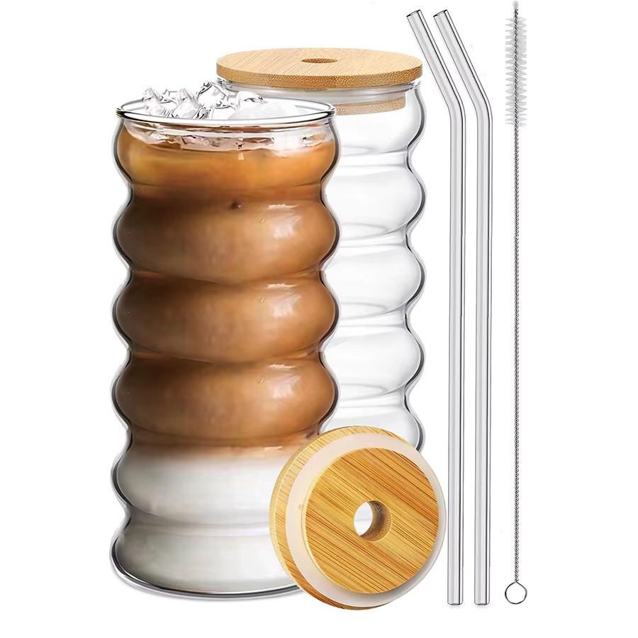 YWDL Hitzebeständiges Wellenmuster-Becher-Set aus Glas, 2 Stück, transparent, mit Deckel und Strohhalm, 350 ml und 480 ml - Bild 2