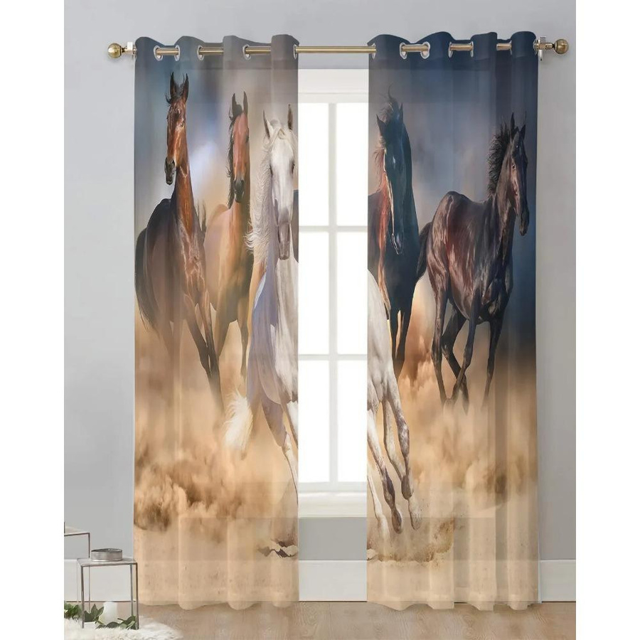 Yiran Furniture Transparentes Voile-Fensterdekor mit Pferdemotiv in Weiß, Breite: 135 cm, Höhe: 115 cm - Bild 3