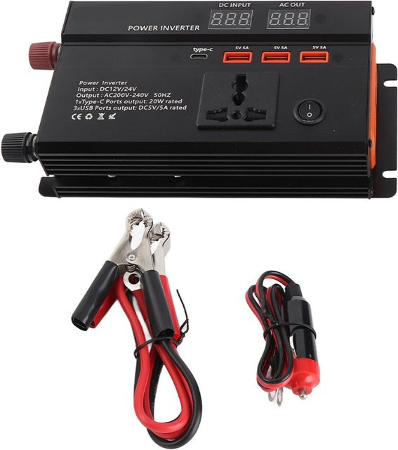 Wosawe Auto-Wechselrichter 3000W 12V auf 220V mit LCD-Anzeige, USB-A und USB-C Ports sowie Zigarettenanzünder-Ports in Weiß - Bild 1