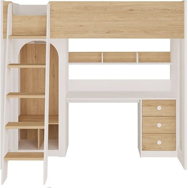 Alvenou Modernes Hochbett für Kinder in Weiß mit Schubladen und Platz für Schreibtisch oder Kleiderschrank, B/T/H: 90 x 190 x 180 cm - Bild 1