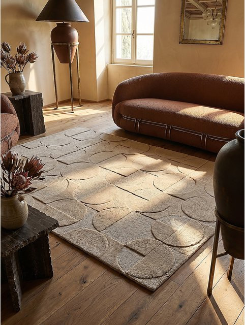 Wollteppich Kadima Design handgeschnitzt in Natur und Beige mit geometrischem Kreis-Design, B/T: 200 x 290 cm - Bild 1