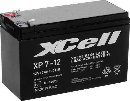 XCell XP712 XCEXP712 Bleiakku 12V 7Ah Blei-Vlies AGM Schwarz mit 4,8mm Flachstecker, B/H/T: 15,1 x 9,4 x 6,5 cm, wartungsfrei - Bild 1
