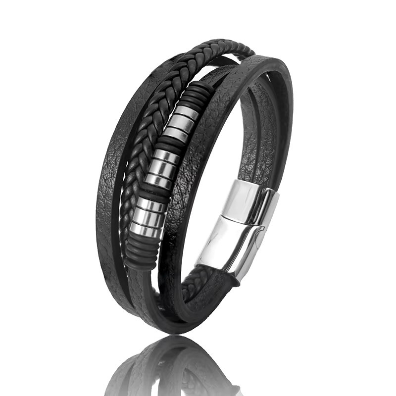 jiangmingao Armband, Leder, Edelstahl, geflochtenes Seil, Perlen, Herren - Bild 4