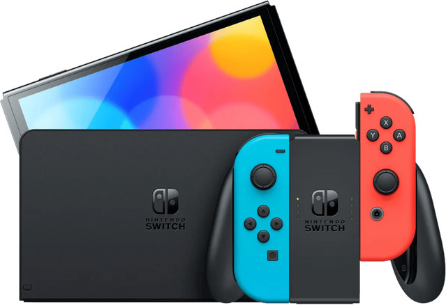 Nintendo Switch OLED Spielkonsole in Neon Rot und Neon Blau - Bild 1