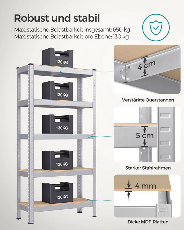 Songmics Schwerlastregal aus Metall in Silber, B/T/H: 75 x 30 x 150 cm - Bild 4