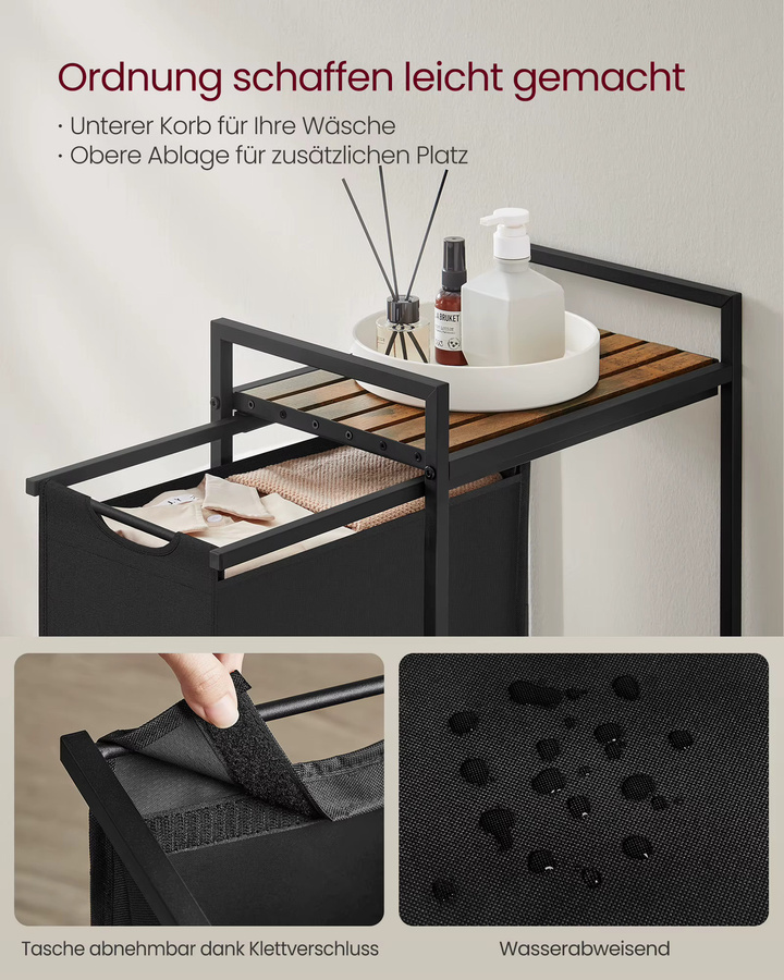 VASAGLE Wäschekorb mit Ablage und herausnehmbarem Wäschesack aus Oxford-Gewebe und Metallrahmen, schwarz-vintagebraun, B/T/H: 42 x 75 x 1 cm - Bild 3