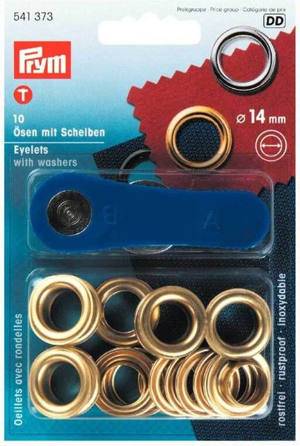 Prym Ösen mit Scheiben aus Messing in Gold, 14 mm, 10 Stück - Bild 1