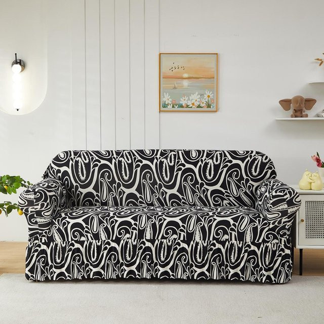 Elastischer Sofabezug für 1-Sitzer mit grafischem Print, schwarz, staub- und katzensicher - Bild 1