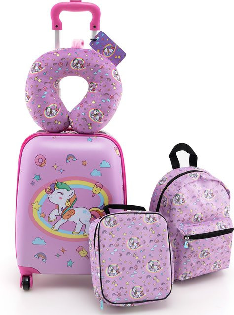 5-teiliges Reise-Set für Kinder von GOFLAME in Pink bestehend aus Koffer, Rucksack, Lunchbox, Gepäckanhänger und Nackenkissen - Bild 1