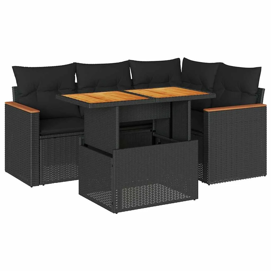 vidaXL 5-teilige Garten-Sofagarnitur aus Poly-Rattan und Akazienholz in Schwarz mit Kissen - Bild 2