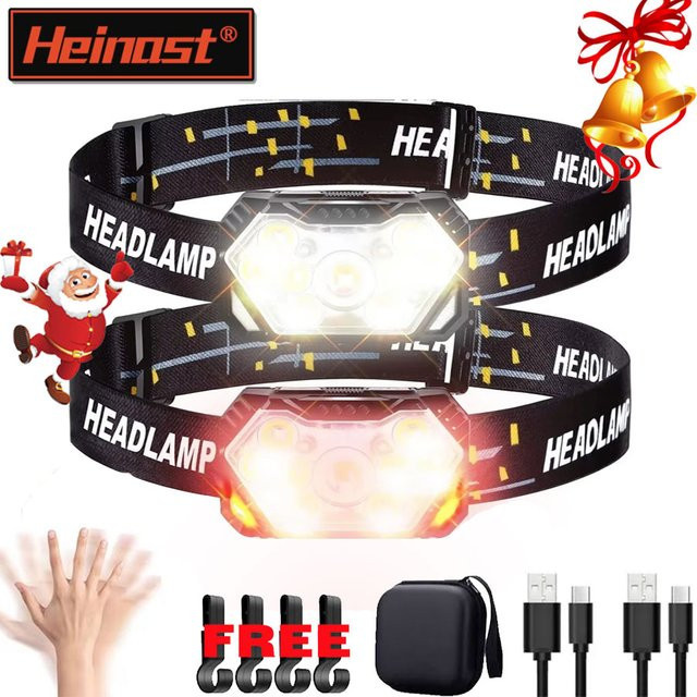 Heinast LED Stirnlampe mit 9 LEDs, USB-C wiederaufladbar, Bewegungsmelder und 10 Modi, wasserdicht, Schwarz - Bild 1