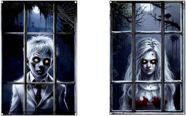 2er-Set Lulou Halloween Fensterabdeckung in Schwarz und Multicolour, rechteckige Hänge-Dekoration für Familienpartys - Bild 1