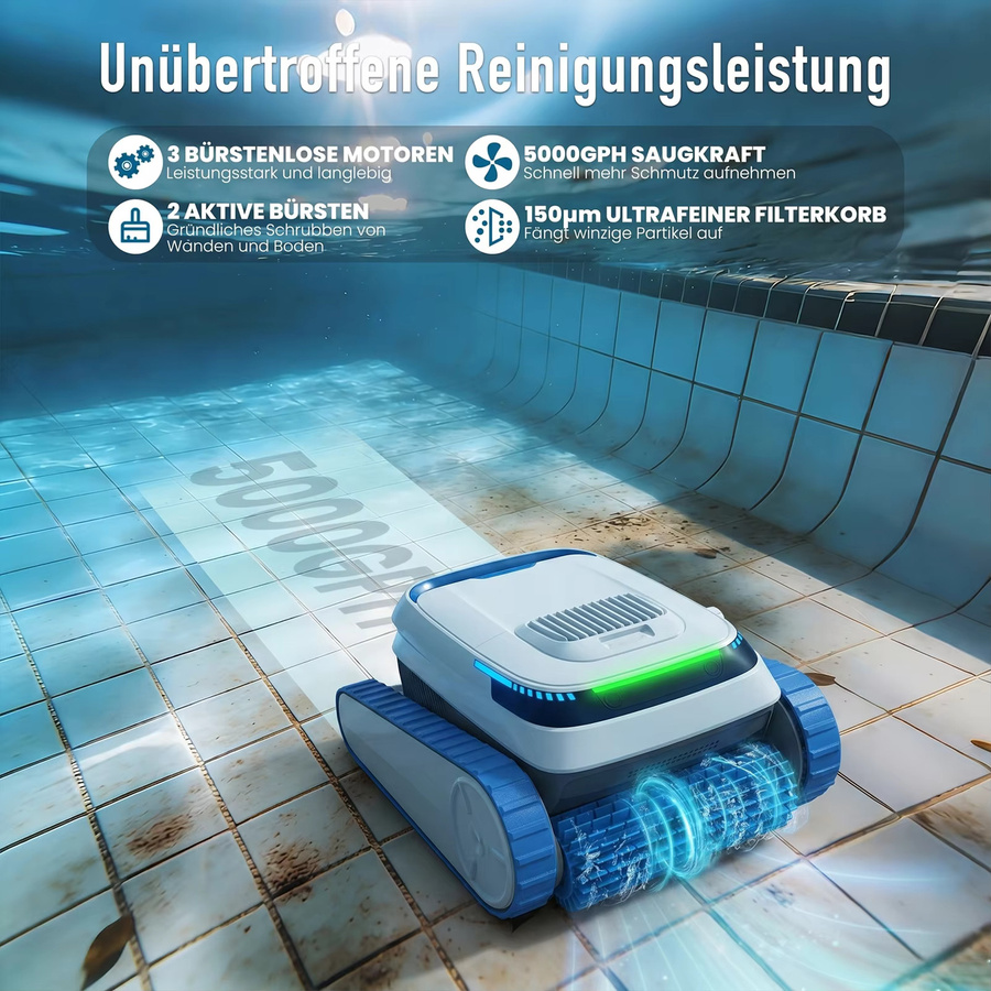 AiRROBO PC20 Kabelloser Poolreinigungsroboter mit App- und Bluetooth-Steuerung, intelligente Navigation, Wandkletterfunktion und 3 Reinigungsmodi, Farbe: Weiß/Beige - Bild 6