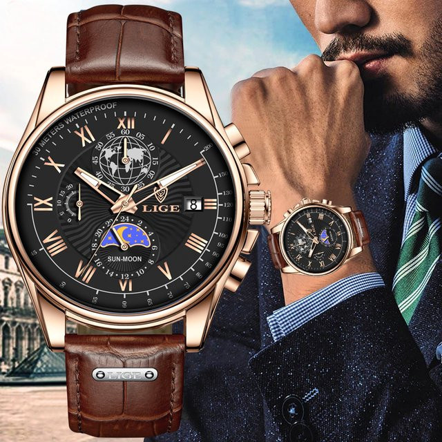 LIGE Chronograph Herrenuhr, Quarz, Leder, Wasserdicht - Bild 1