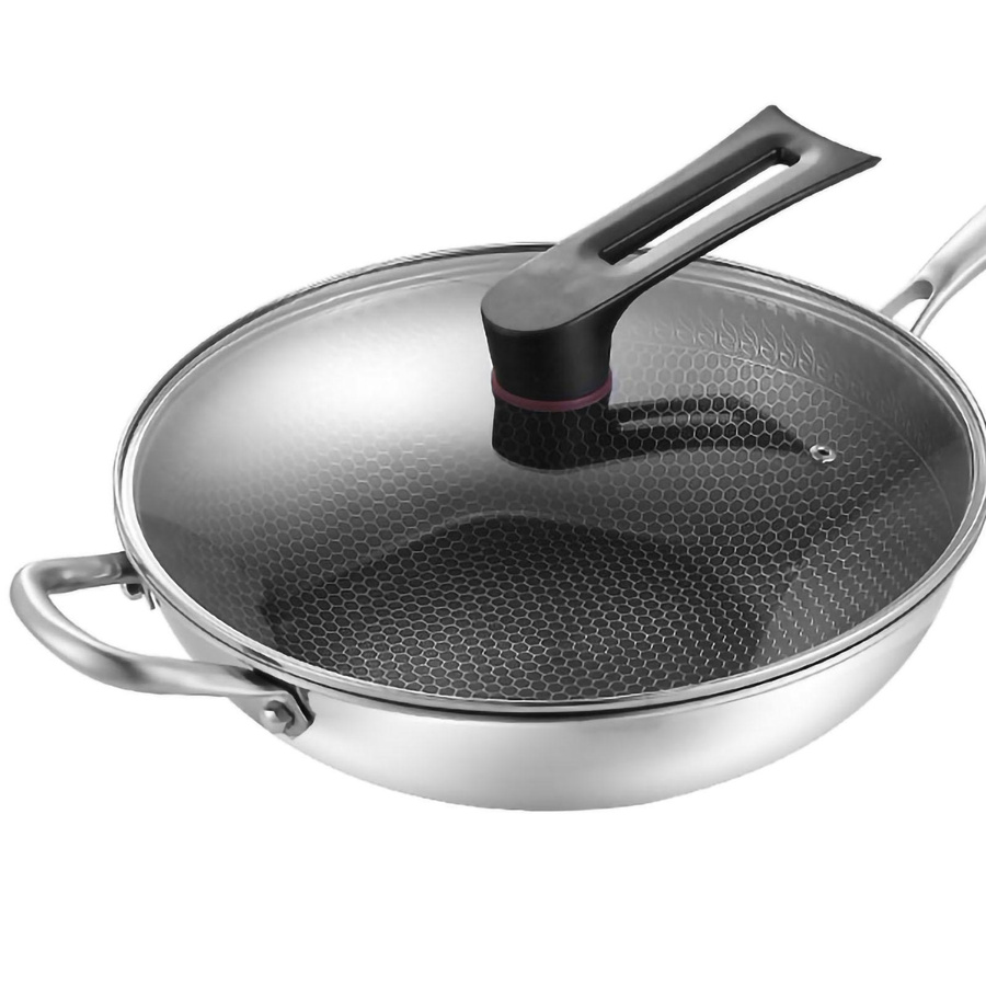 Aimo Edelstahl Wokpfanne mit doppelseitiger Wabenstruktur und Antihaftbeschichtung, Silber, Durchmesser: 34 cm - Bild 2