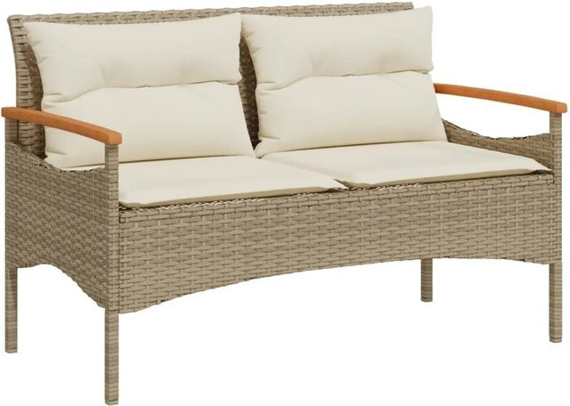 Furnicato Gartenbank aus Poly Rattan und Akazienholz mit Kissen in Beige, B/T/H: 116 x 62,5 x 74 cm - Bild 1