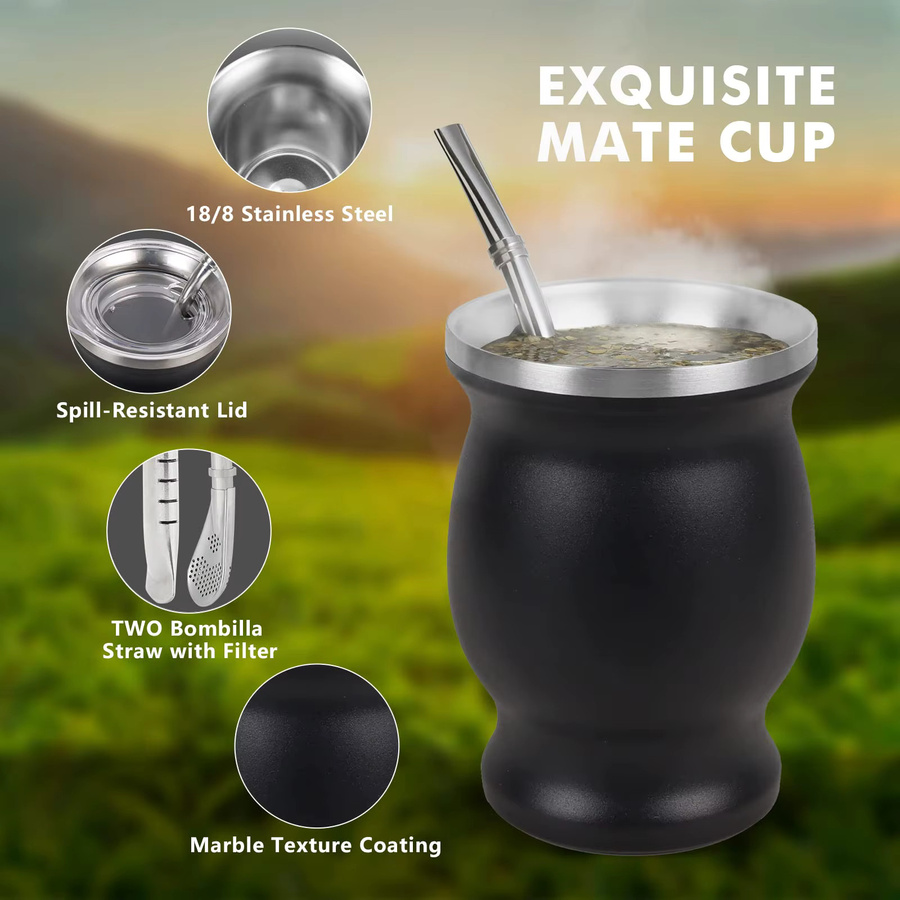 Untior Yerba Mate Set aus doppelwandigem 304 Edelstahl mit Bombilla und Reinigungsbürste, 236,59 ml, Grau/Schwarz - Bild 2