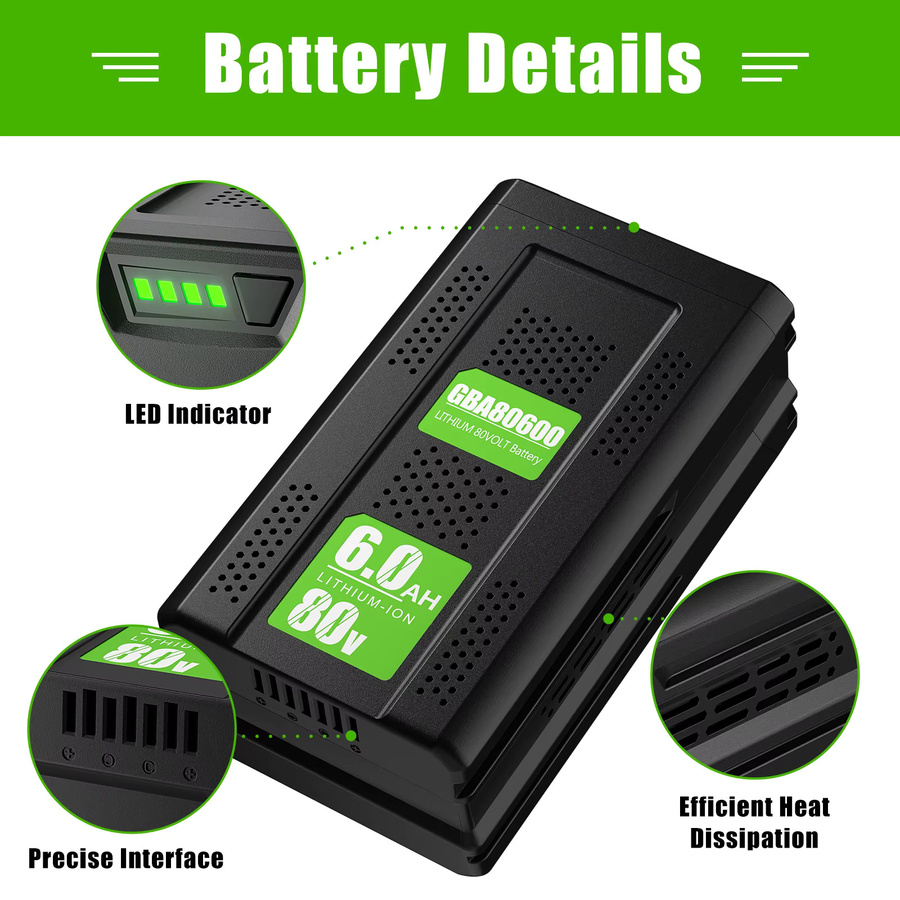 Greenworks GBA80600 80V Akku Ersatzbatterie mit 6000mAh, schwarz, kompatibel mit GBA80200 Akku-Elektrowerkzeugen - Bild 3