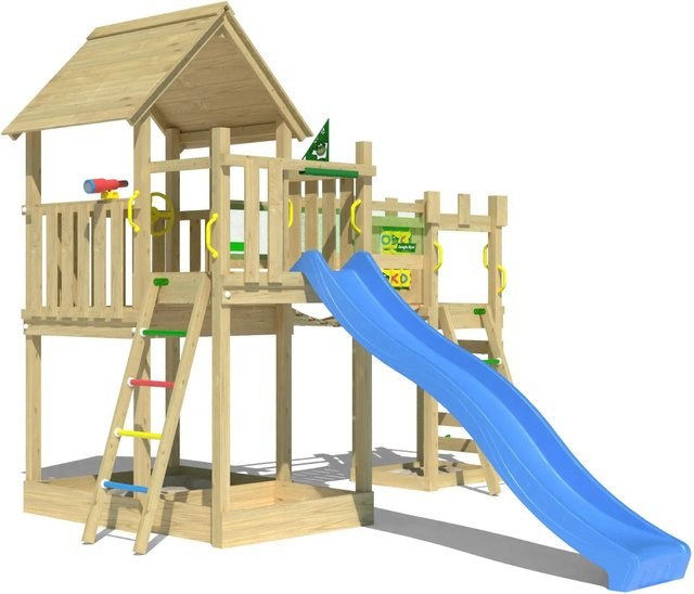 Jungle Gym Spielturm Lookout aus Holz mit Wackelbrücke, Kletterrampe und Rutsche in Blau - Bild 1