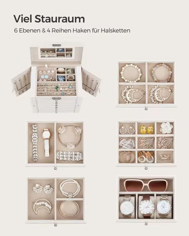 SONGMICS Schmuckkasten mit 6 Ebenen und seitlichen Klapptüren in Weiss aus PU-Material - Bild 2