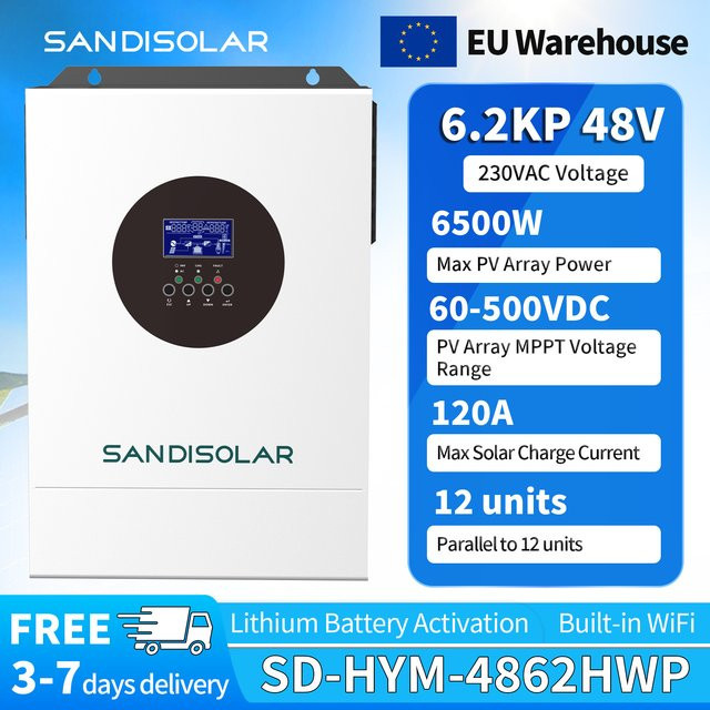 SANDISOLAR Hybrid-Solarwechselrichter 6,2kW 48V mit 120A MPPT, 220V Ausgang, WiFi, Reine Sinuswelle, Weiß - Bild 1